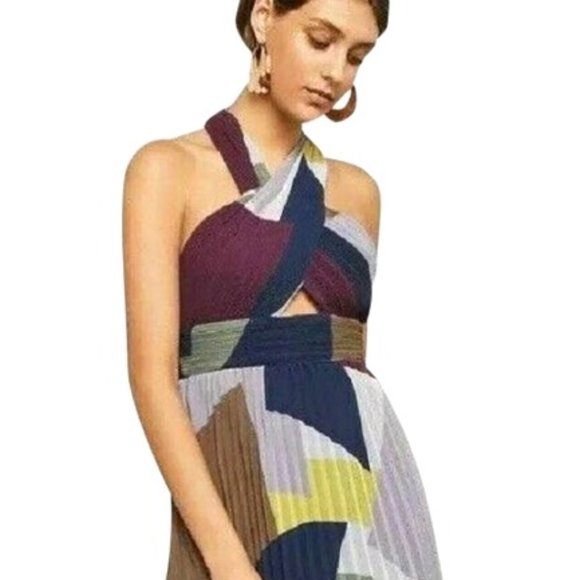 BCBG MAX AZRIA PLEATED COLORBLOCKED LILAC MAUVE HALTER DRESS - Picture 1 of 6